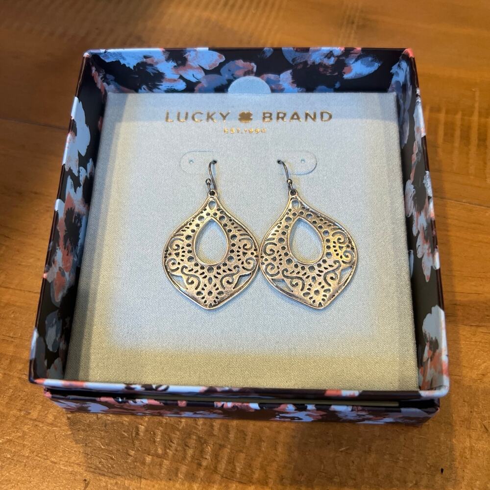 Lucky Brand Silver-Tone Filigree Open Teardrop Dangle Earrings NEW IN BOX